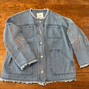 Rare Unique Denim Oversized Cottage Chore/Barn Jacket Embroidered Sleeve Raw Hem